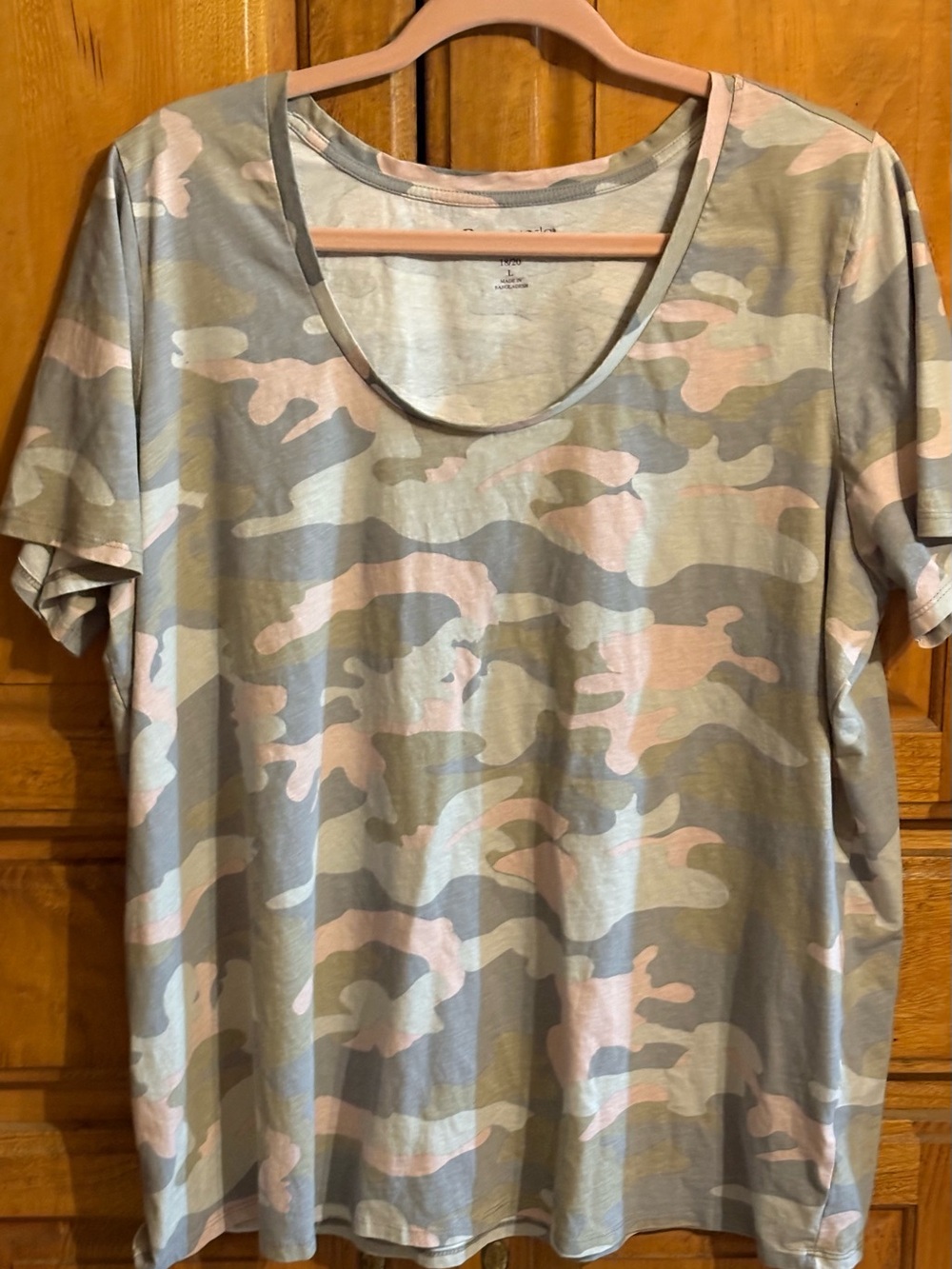 Roamans Short Sleeve Scoop Neck Tee - Pink & Gray Camo L 18/20